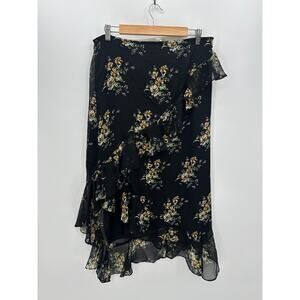 Luna Skies Midi Skirt Women XL Black Floral Ruffle Asymmetrical 90s Y2K Feminine